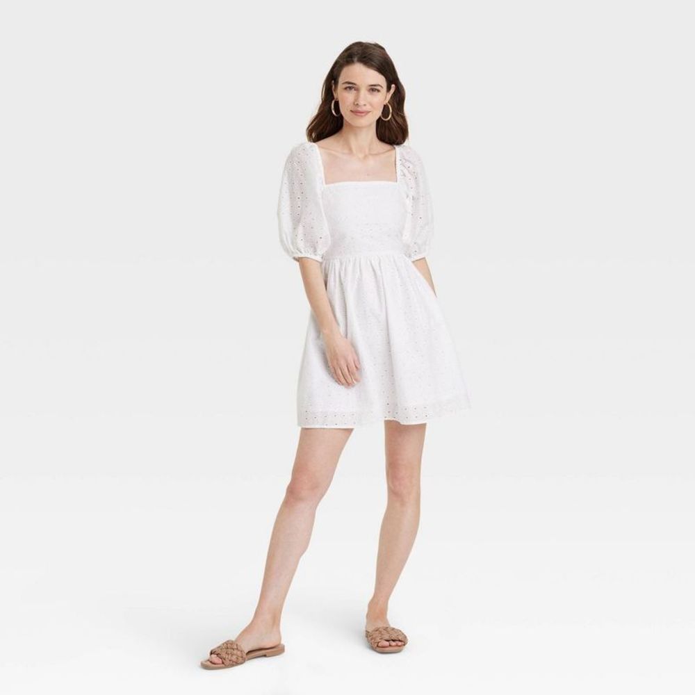 Women's Puff 3/4 Sleeve Dress - A New Day White XS
